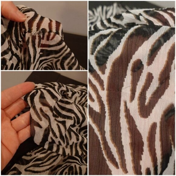 Cream Zebra Print Blouse Long Sleeve Sheer Plunging Vneck Flowy Buttoned Front - Picture 13 of 15